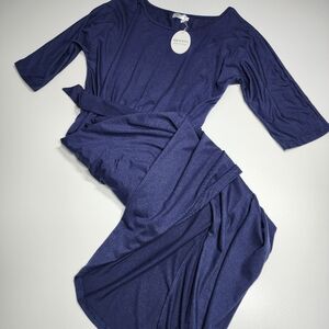 NWT Qearal Navy Maxi Dress M Belted Slit Elastic Waist Flowy Elegant